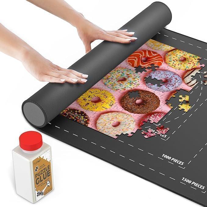 Point Games Rubber Puzzle Mat, Jigsaw Roll Up Mat for Puzzles - Jigsaw Mat 1500 Pieces Protector, Saver, Organizer, Non-Slip Rubber Bottom, Polyester Top w/Storage Bag + Bonus Puzzle Glue
