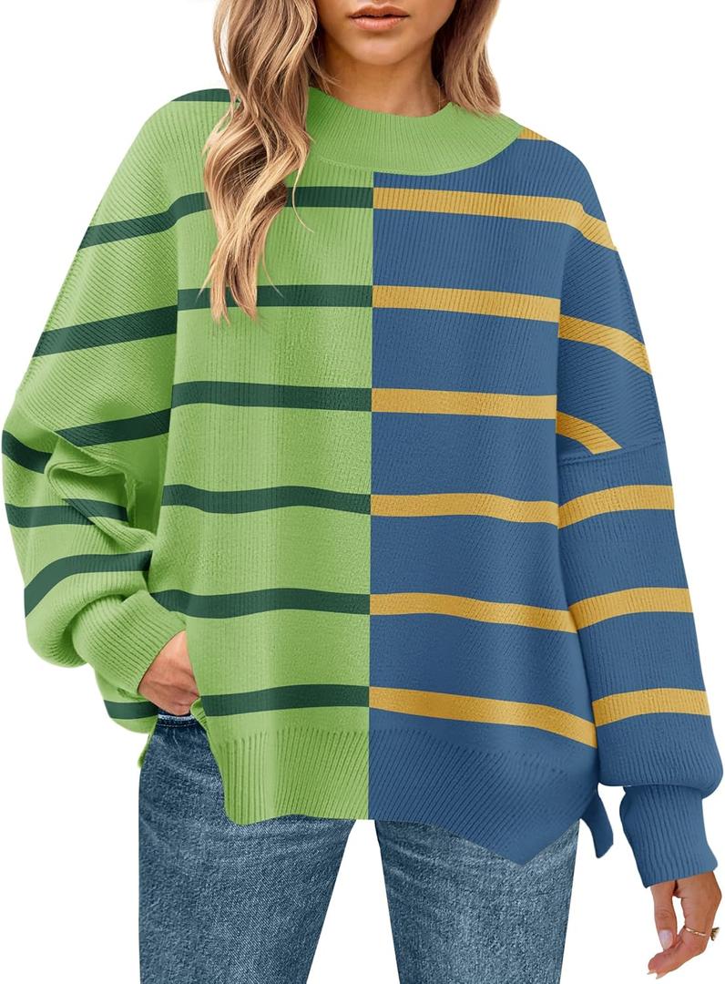 ZESICA Women's Fall 2025 Oversized Sweaters Long Sleeve Color Block Mock Neck Side Slit Comfy Loose Knitted Pullover Tops (M)