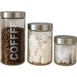 Glass Canisters Set of 3, 57/44/29 oz Airtight Storage Jars with Stainless Steel Screw Lids, Etched COFFEE/SUGAR/TEA Labels, Sandblasted Permanent Lettering, Clear Pantry Containers