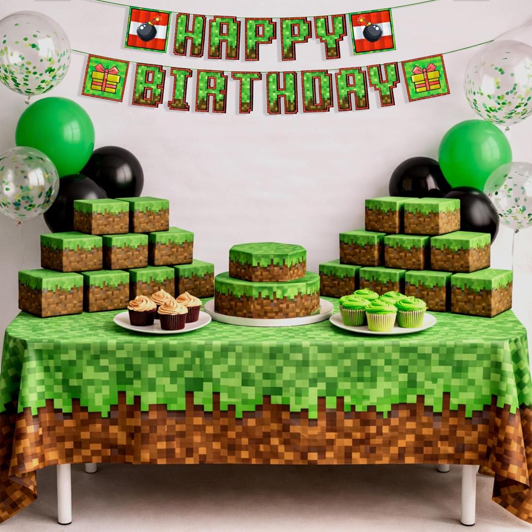27 Pcs Pixel Birthday Party Supplies for Birthday Decorations Pre-strung 10ft Miner Happy Birthday Banner Pixel Miner 2 Pcs Table Cover 51x86 InchTreat Boxes 24 Pcs Pixel Video Game Birthday Decorations Set