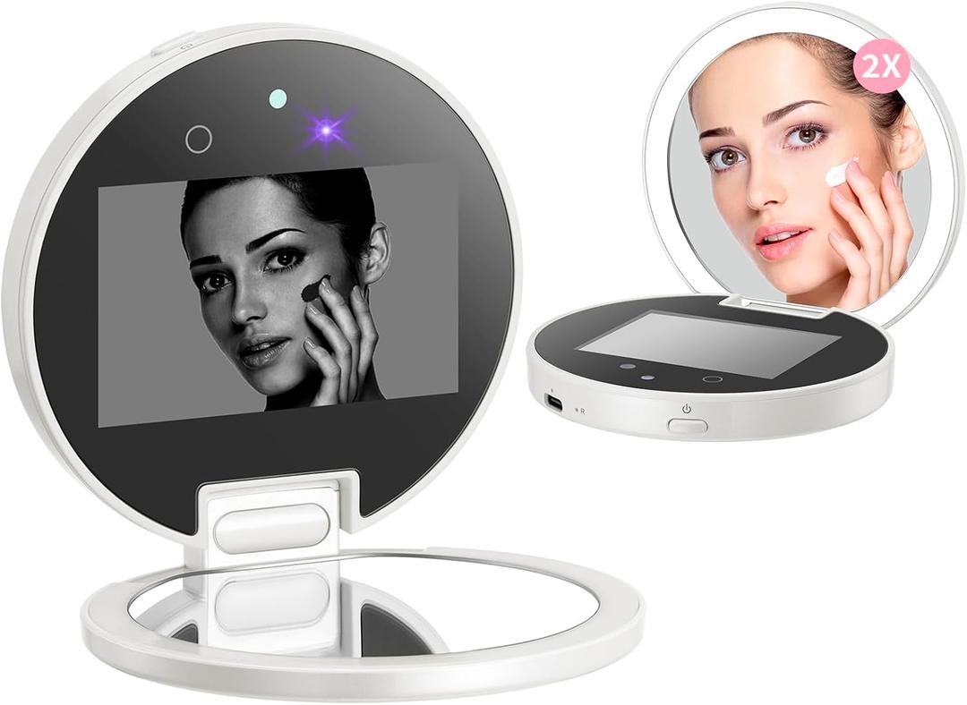 Compact Smart UV Camera UV Mirror for Sunscreen Test, 3 Inch Travel Makeup Mirror with lights and magnification ,Rechargeable Handheld Double-Sided Pocket Mirror for Skin Protection (Solid White)