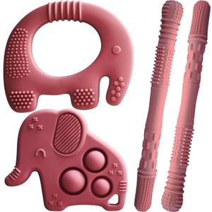 2 x Silicone Baby Teething Toys, Soft Teether Set for Sore Gums, BPA Free Chew Toys for Infants 3+ Months, Textured Teething Relief, Easy Grip Design (Rose Pink)