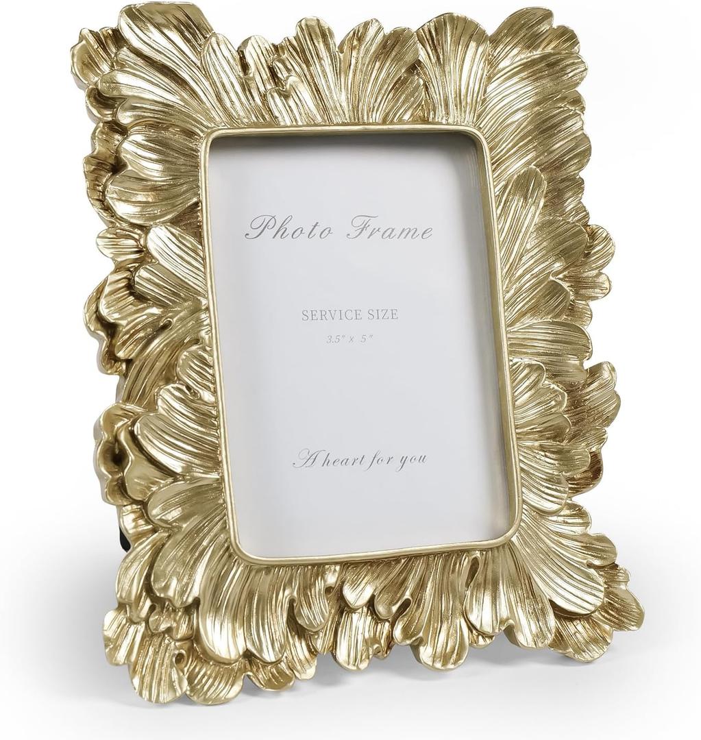 Cuspin 3x5 Picture Frame Small Gold Frames, Vintage Gold Palm Leaves Textured Hand-Crafted Resin with Glass Front, Elegant Retro Photo Frame for Wall and Tabletop Display Home Decor