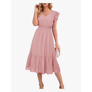 Women 2025 Summer Dress Midi Dress V Neck Ruffle Cap Sleeve Flowy Split Tiered A-Line Wedding Guest Dress Apricot Large