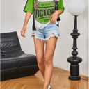 Women's Number Print Mesh Jersey Shirt Color Block V Neck Short Sleeve Football T-Shirt (Large, Green and White)