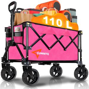 Collapsible Beach Wagon Cart with Big Wheels, 440LBS Upgrade Large Capacity Folding Wagon, Foldable Grocery Wagons with Side Pocket and Brakes, Ideal for Sand Camping Outdoor Garden Sports, Rose