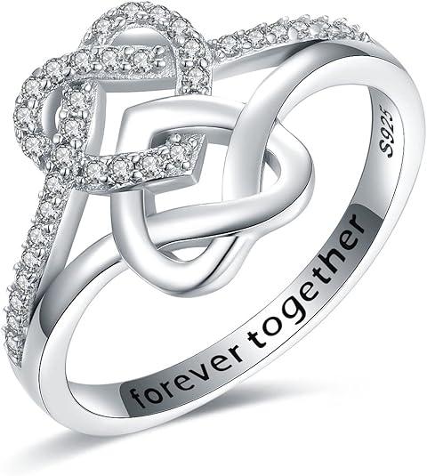 925 Sterling Silver Double Heart Rings for Women Forever Together Love Knot Promise Ring Wife Mother Daughter Couple Gifts Size 6