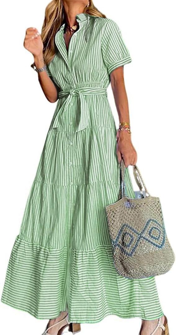 utcoco Womens Casual Short Sleeve Button Down Tie Waist Ruffled Striped Maxi Shirt Dress (Medium, Green)