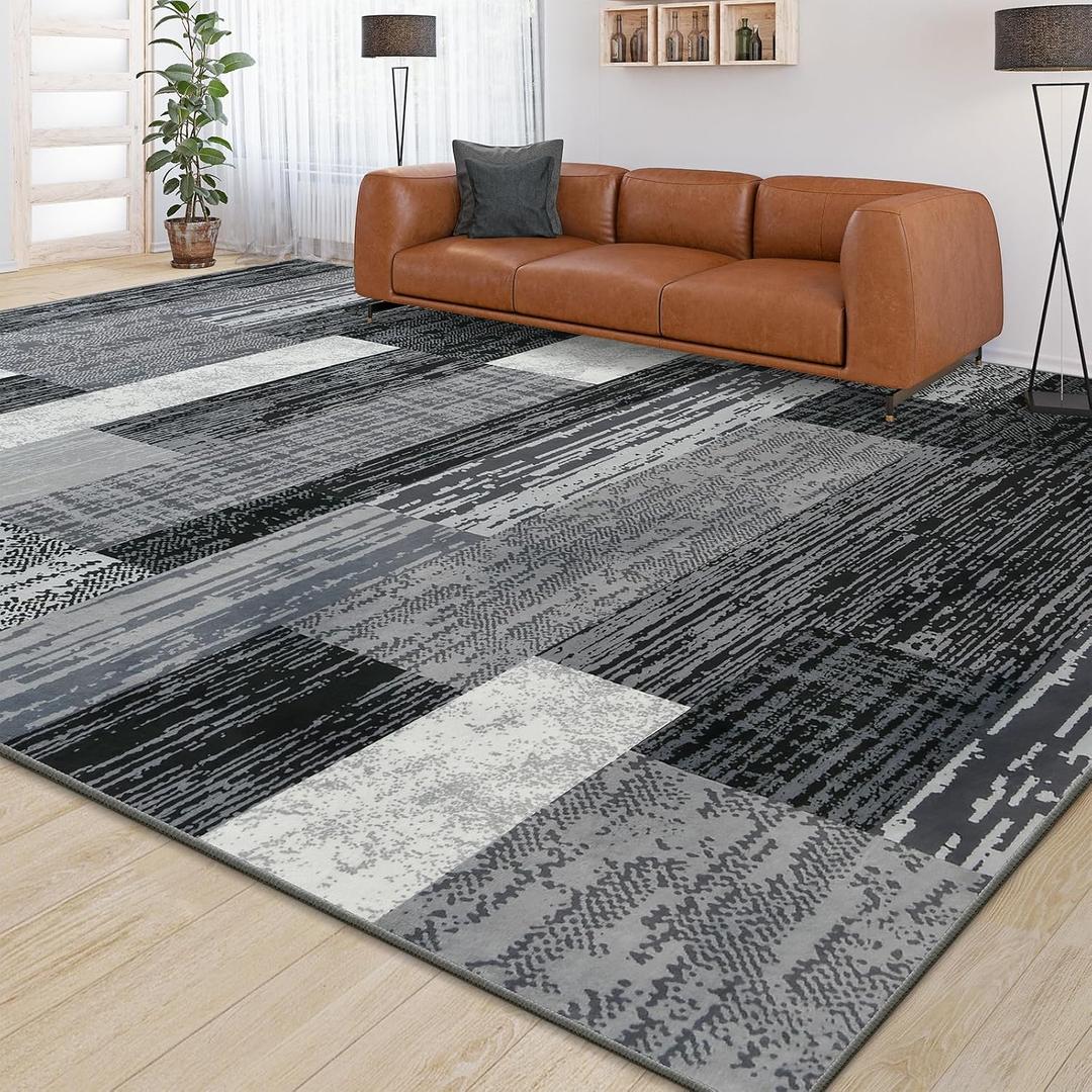 Large Area Rugs,Modern Geometric Patchwork Floor Decor for Bedroom Aesthetic Carpet, Rockwood Collection, Indoor Rugs for Living Room, Dining Room, Nursery, Office, Machine Washable Rug,8x10 Ft Grey