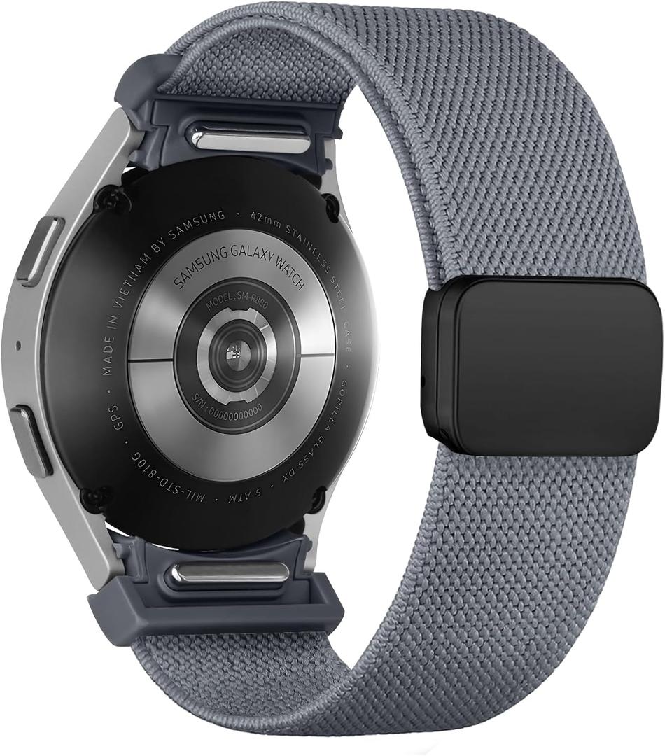 One Click Fabric Bands for Samsung Galaxy Watch 7 6 Band 5/4/FE 40mm 44mm/Galaxy Watch 6 Classic 43mm 47mm/5 Pro 45mm/4 Classic 42mm 46mm,Magnetic Elastic No Gap Wristband Stretchy Nylon Sport Strap (13-Space Gray)