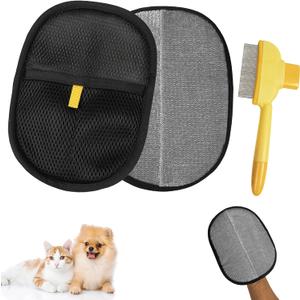 Pet Hair Removal Glove, Pet Flat Tooth Comb, 2Pcs, Pet Grooming Glove and Undercoat Rake Deshedding Tool Set for Dogs Cats Hair Removal Brush Kit for Shedding Control, Magic Brush