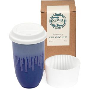 NOVA CERAMICS Ceramic Tumbler Blue Ceramic Mug  Microwave & Dishwasher Safe Coffee White & Orange Tumbler - Leak-Proof Coffee Travel Mug  16oz  Neptune