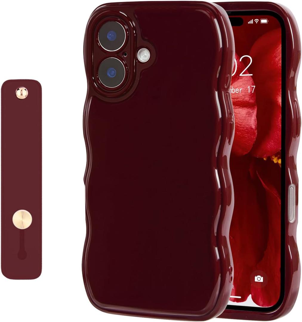 NITITOP Compatible with iPhone 16 Plus Case Cute Simple Wave Design Stylish Wavy Curly Frame with Wrist Adjustable Hand Strap Kickstand Grip Holder Soft Silicone Protective Cover - Wine Red