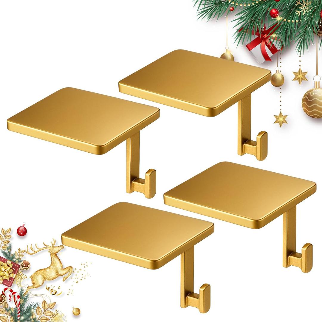 POLLY WALES Christmas Stocking Holders for Mantle Set of 4, Mantle Stocking Hangers Hanging Hooks, Stocking Hanger Base, Stocking Holder Hooks for Fireplace Tabletop Shelf Christmas Decoration (Gold)