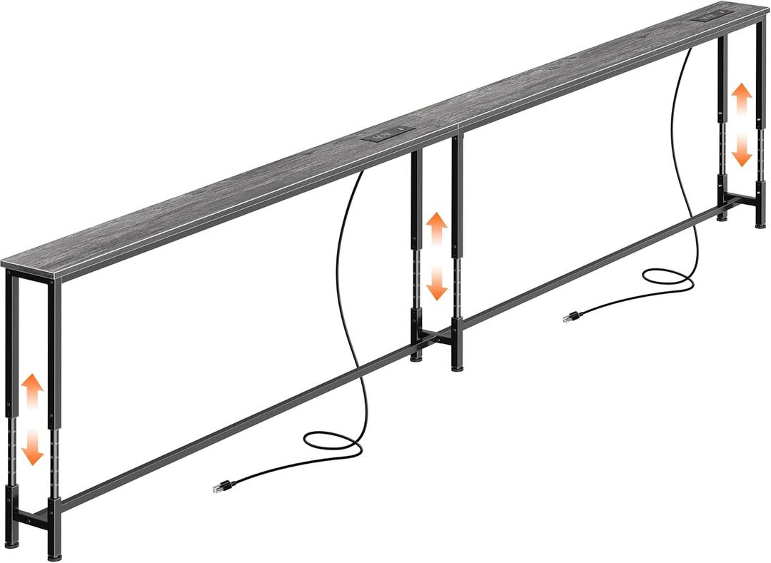 Huuger 110.2 Inch Sofa Table with Power Outlets, 23.9-34.4 Height Adjustable Range, Behind Couch Table with USB-C Ports, Sofa Tables Narrow Long, Skinny Console Table, for Small Spaces, Grey
