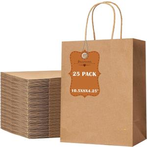 EwayEcos 25 Pack 10.5x8x4.25 Inch Brown Kraft Paper Bags with Handles Bulk for Wedding Birthday Party Favors Grocery Retail Shopping Business Goody Craft Gift Bags Sacks