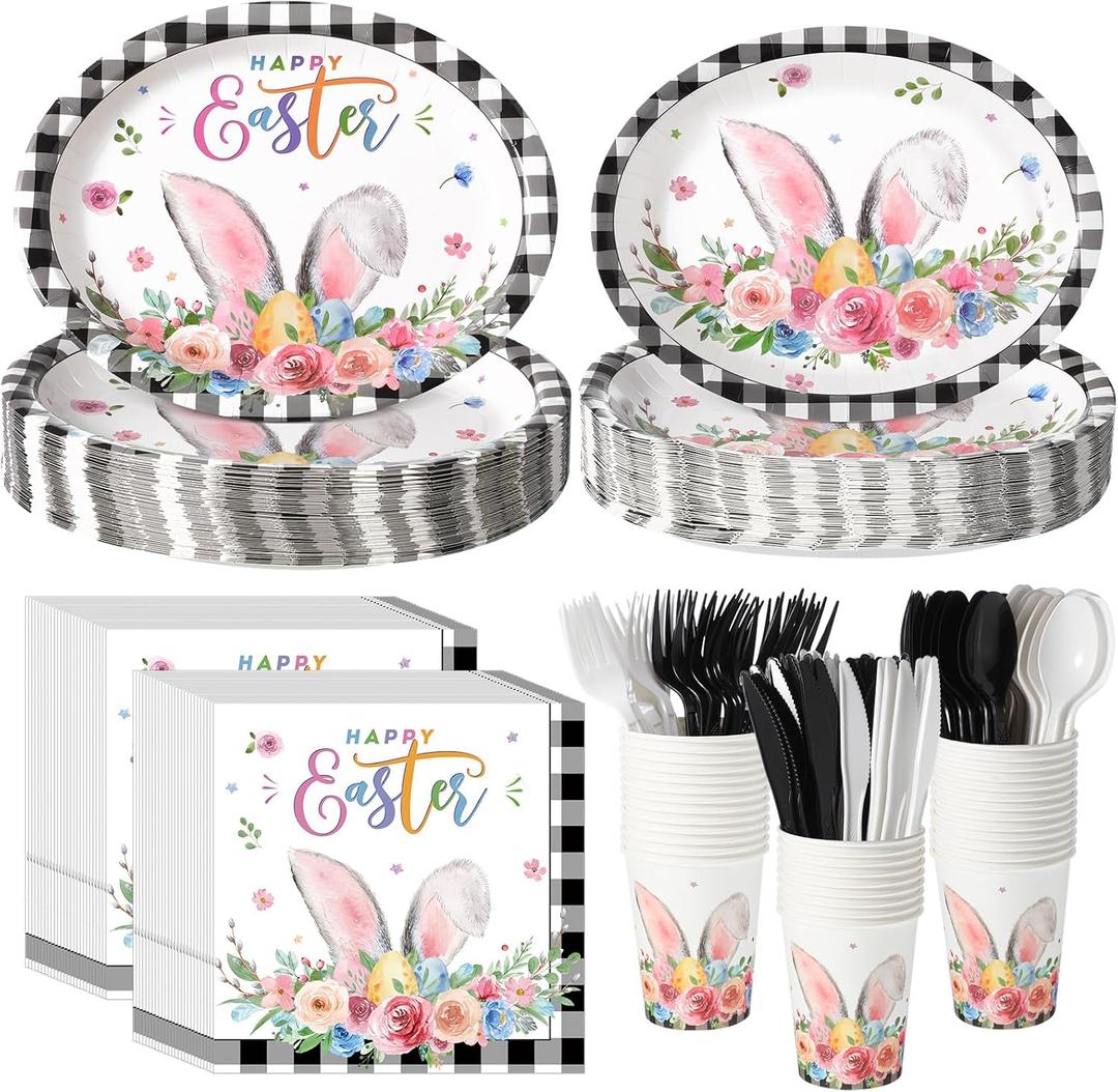 Havawish 350 Pcs Easter Bunny Party Supplies Happy Easter Disposable Tableware Set Buffalo Plaids Eggs Bunny Oval Paper Plates Cups Napkins Fork Knife Spoon for Spring Holiday Party Dinner Table Decor