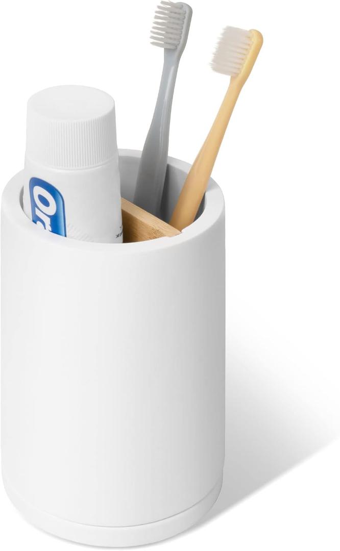 White Premium Toothbrush Holder - Concrete Removable Base and Bamboo Divider - Electric Toothbrush and Toothpaste Stand - Tooth Brushing Holder for Bathrooms (Regular)