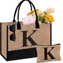 Initial Jute Tote Bag & Makeup Bag, Birthday Gifts for Women Her Mom Teachers Friends