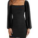 Ofenbuy Women's Mesh Long Sleeve Dress Square Neck Ruched Mini Bodycon Dress Stretch Party Cocktail Dresses Black, S