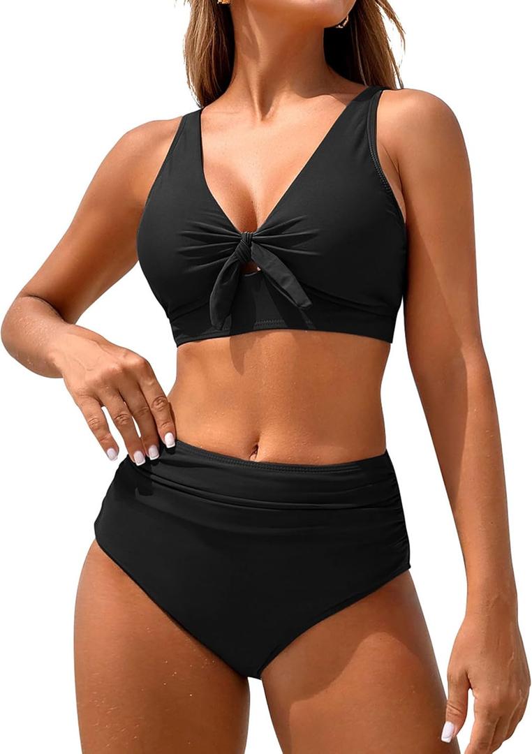 ZAFUL High Waisted Bikini Sets for Women Tummy Control Swimsuits Tie Knot High Rise 2025 Two Piece Bathing Suits (Medium, Black-1)