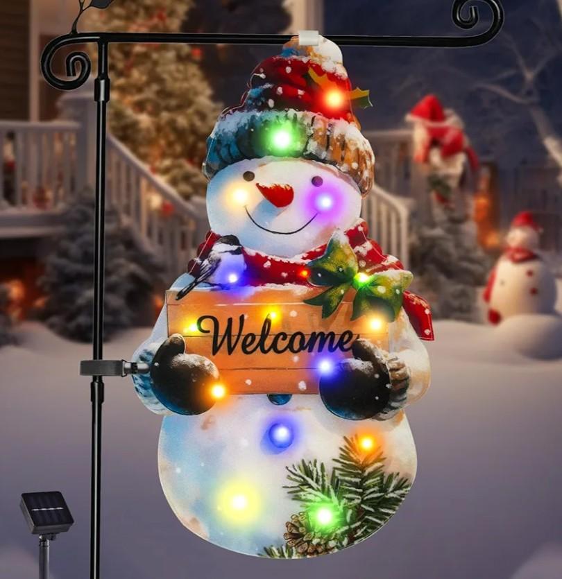 Amadecohome Lighted Christmas Garden Flag 22x13, 8 Modes Double Sided Solar Christmas Decorations Outdoor LED Navidad Flag, Yard Decorations for Xmas Patio Lawn Porch (Snowman Multicolor)