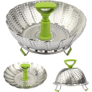 Folding Stainless Steel Steamer Basket (7-11 Inches) with Heat Resistant Handle - Ideal for Cooking Seafood, Vegetables, Fruits - Expandable and Easy to Clean - Dishwasher Safe