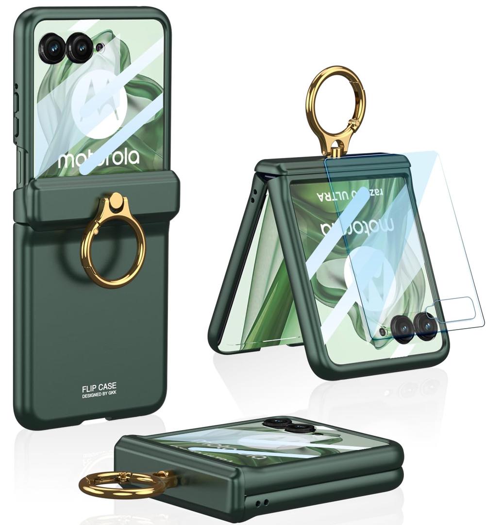 for Motorola Razr 50 Ultra Case with Built-in Front Screen Protector and Ring Kickstand & Magnetic Hinge Protection, Hard PC Slim Shockproof Protective Cover for Motorola Razr+ 2024(Green)