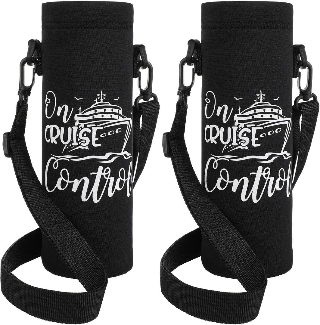 2 Pcs Carnival Cruise Essentials 2025 Adjustable Water Bottle Carrier with Strap Black Crossbody Water Bottle Holder Cruise Cup Holder Sling Neoprene Cup Sleeve Pouch Bag for Coffee Drinks