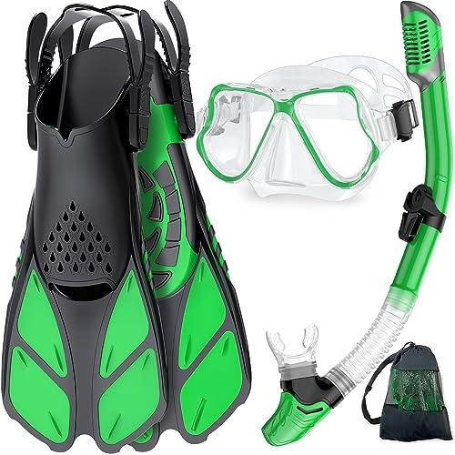 Zenoplige Mask Fins Snorkel Set, Snorkeling Gear for Adults, Panoramic View Snorkel Mask Anti-Fog, Adjustable Dive Flippers, Dry Top Snorkel and Travel Bag, Scuba Gear for Swimming Snorkeling Diving ML/XL 9-13