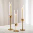 Glass Hurricane Candlestick Holders Gold - Romadedi Taper Candle Holder Tall Clear Glass Cylinder Table Centerpiece Wedding Decor Party Birthday Christmas Home Decorations Set of 3 (3 PCS)