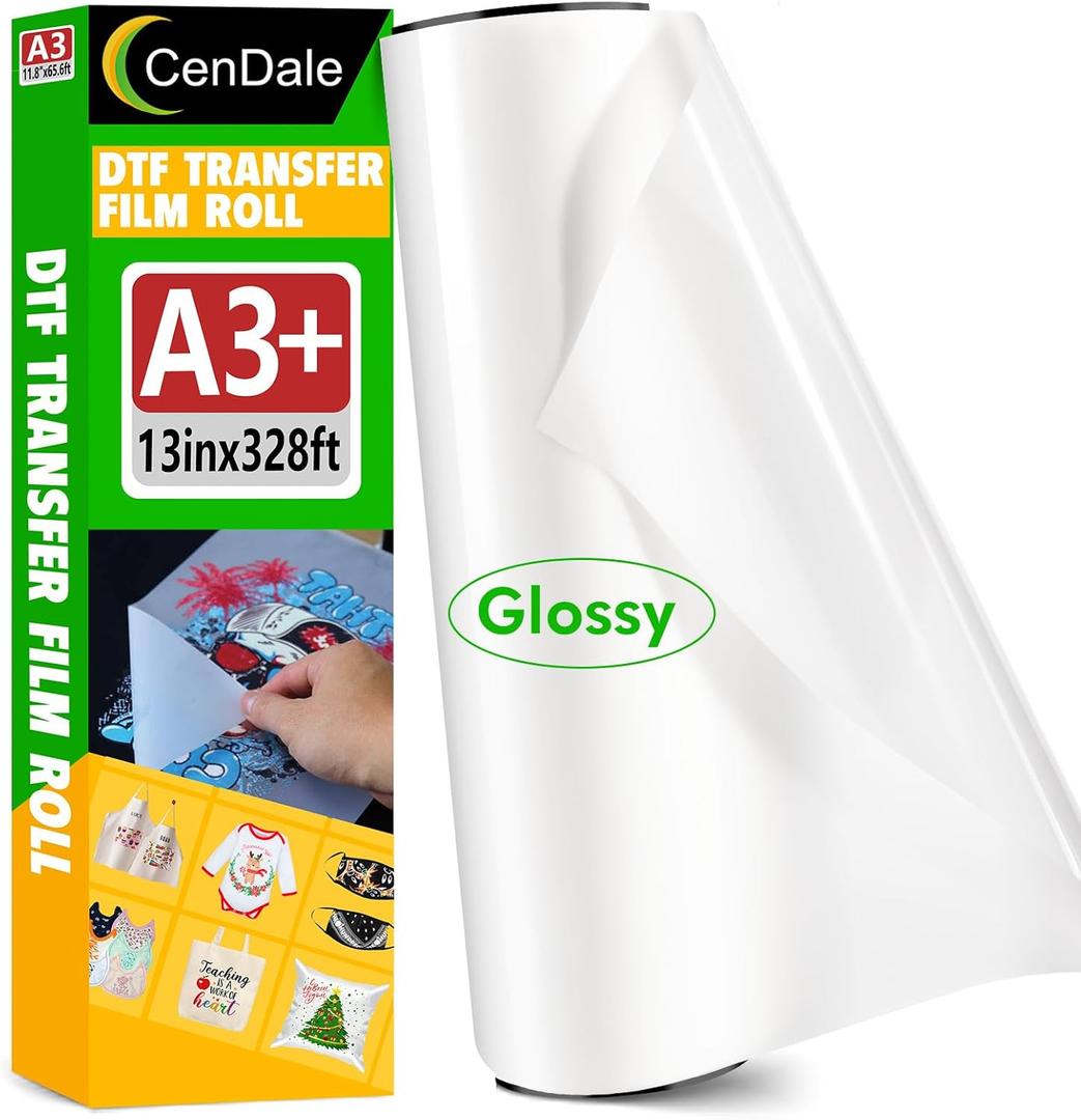 DTF Film Roll 13 inch x 328ft Glossy - A3+ DTF Transfer Film Roll, Hot & Cold Peel DTF Roll Film 13 inch, Single-Sided Clear DTF Paper Roll for Dark & Light T-Shirts (13" x 100M, Glossy)