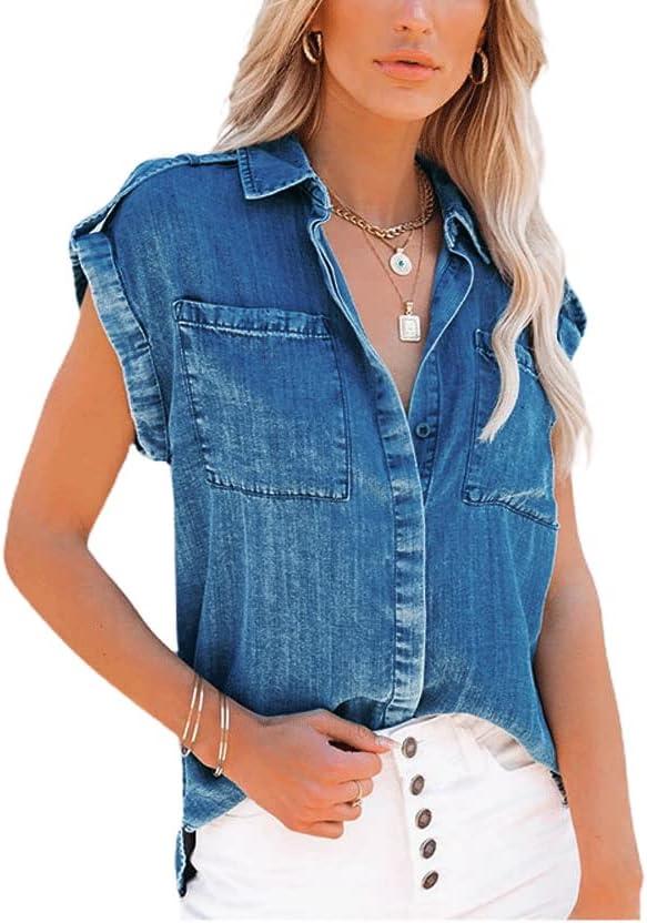 chouyatou Women's Casual Distressed Button Down Sleeveless Denim Jean Shirt Tops (Medium Blue)
