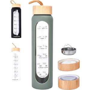 HYDRATE Glass Water Bottles 32 oz - 2 Bamboo Lids & Fruit Infuser - Insulated Silicone Sleeve - Strong Borosilicate Glass - Refillable Time Schedule Glass Sports Bottle - 11" Hx3 Lx3 W - Green