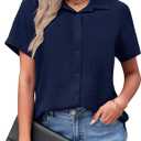 PYGFEMR Womens Button Down Shirts Short Sleeve Loose Collared V Neck Tunics Summer Tops Work Casual Business Blouses