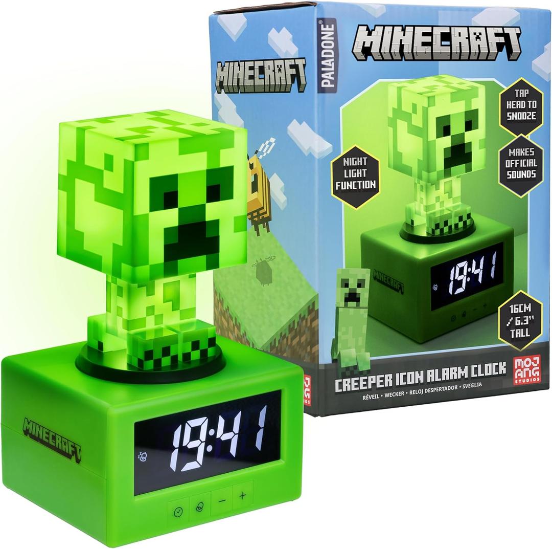Paladone Minecraft Creeper Icon Alarm Clock - Creeper Glow Mode - Battery Powered - Kids Alarm Clock for Boys