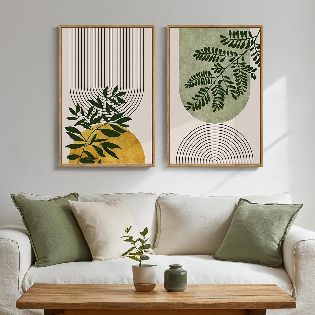 Framed Green Boho Wall Art Set of 2 for Living Room Decor, Bohemian Botanical Geometric Pictures Artwork for Walls, Modern Neutral Canvas Painting Print Wall Decor for Bedroom Home Office, 16x24 Inch, 16" W x 24" H x 2Pcs