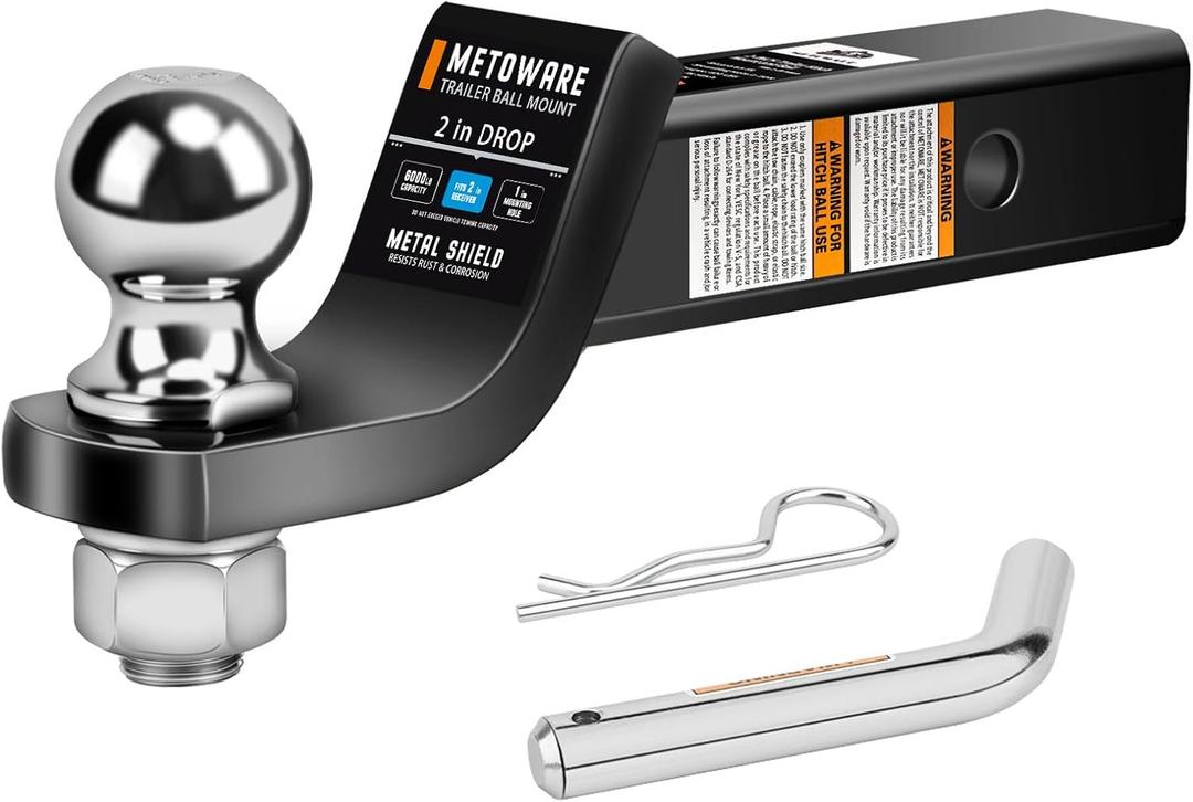METOWARE Trailer Hitch Ball Mount, 2" Drop Hitch with 2" Ball, 6,000 lbs GTW Fits 2" Receiver for Truck SUV Boat RV, Solid Steel Towing Kit with Hitch Pin & Clip, Black