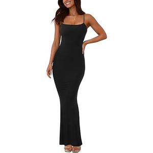 REORIA Women's Basic Sexy Lounge Slip Long Dress Elegant Sleeveless Backless Ribbed Bodycon Maxi Dresses S