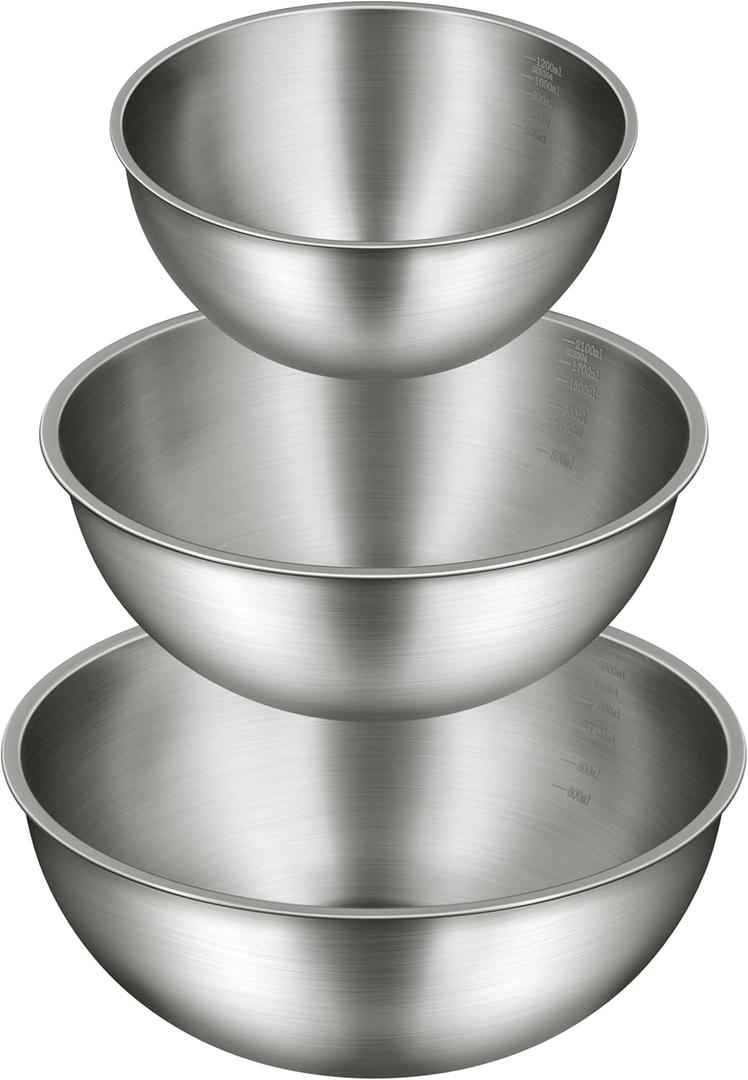 Gronivex Stainless Steel Mixing Bowls Set of 3 (1.5, 2.2, 3.4 Qt) - Food Grade 304, Nesting Design, Dishwasher Safe for Baking, Salad Prep & Cooking
