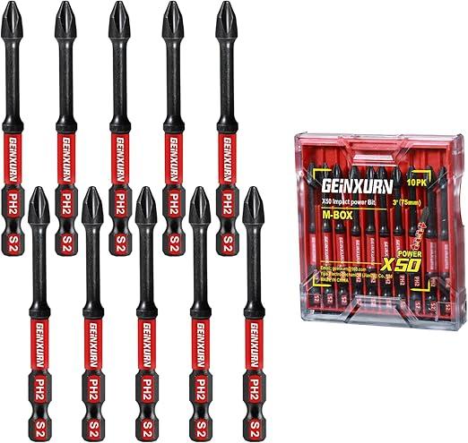 Geinxurn Impact Tough 3 in. #2 Phillips Screwdriver Bits Set,10 Pack Magnetic D2 Steel Long Cross PH2 Power Driver Bits with Storage M-Box