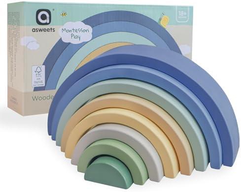Asweets Wooden Stackable Rainbow Toy, 8 PCS Wooden Building Blocks Set for 1 2 3 Baby, Kids and Toddlers, Montessori Rainbow Nesting Puzzle, Best for 18M+, Cognitive Development (Blue)