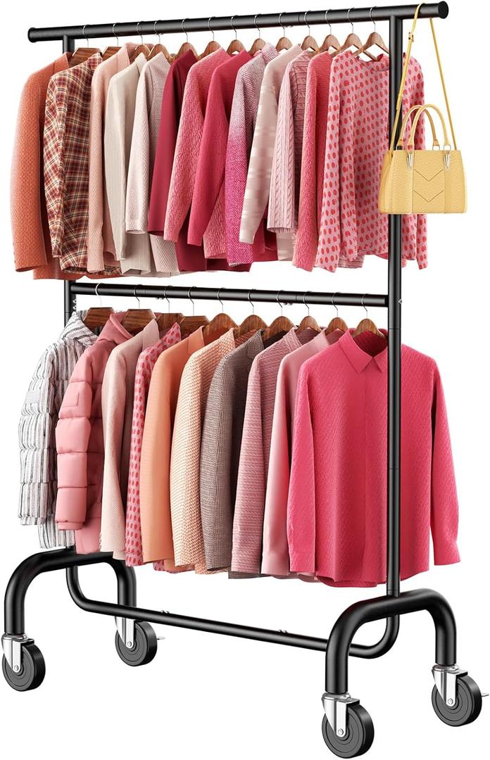 LZNIOZ Heavy Duty Clothes Rack Load 600 LBS, Rolling Clothing Rack for Hanging Clothes with Lockable Wheels, Double Rod Garment Rack for Bedroom, Laundry, Clothing Store, Black