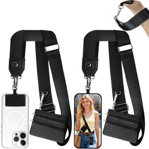 PUGPIU 2 Pack Clip and Go Strap for Phone with Wallet Crossbody - Phone Strap Crossbody with Zippered Pouch, Multifuctional Adjustable Cell Phone Lanyard for Going out (Black + Black)