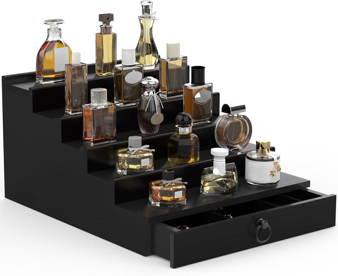 upcessory Cologne Organizer for Men, 5 Tier Black Cologne Shelf, Perfume Stand with Drawer and Hidden Compartment Perfume Display Holder - A Gift for Men