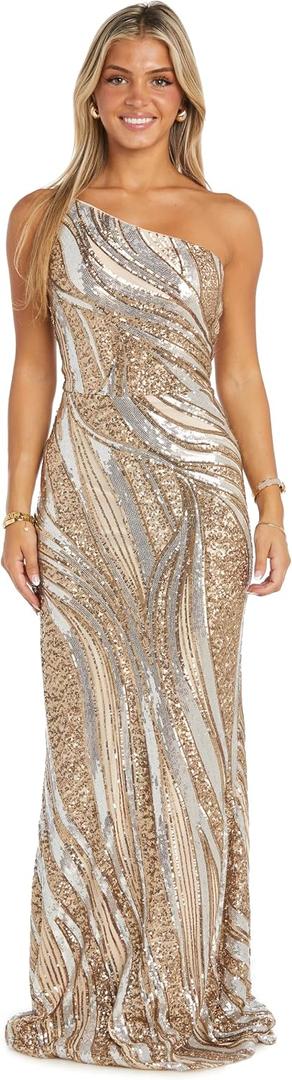 Juniors' One-Shoulder Sequin Embellished Maxi Gown - Elegant Formal Evening Cocktail Party Dress (Gold,Silver, S)
