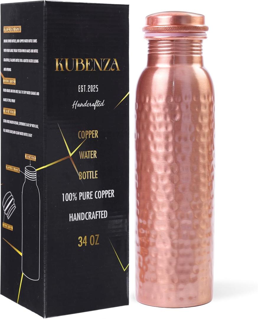 100% Pure Copper Water Bottle – Ayurvedic Copper Bottle for Drinking Water – 34 oz (1 Liter) – Handmade, Leak-Proof, BPA-Free, Eco-Friendly, Joint & Digestion Support, Yoga, Office & Daily Hydration