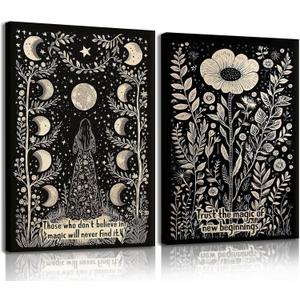 RUURUU 2Pcs Framed Vintage Black Flower Wall Art Inspirational Floral Wall Decor Motivational Quotes Pictures Positive Affirmations Posters Moon Paintings Prints for Living Room Bedroom 12x16 Inches