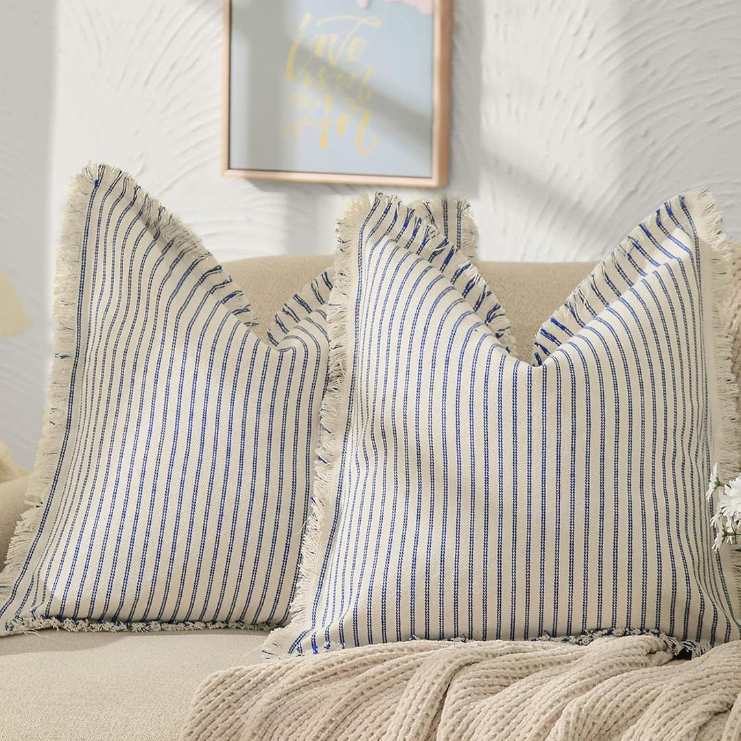 ZWJD Throw Pillow Covers 20x20 Set of 2 Striped Pillow Covers with Fringe Chic Cotton Decorative Pillows Square Cushion Covers for Sofa Couch Bed Living Room Farmhouse Decor
