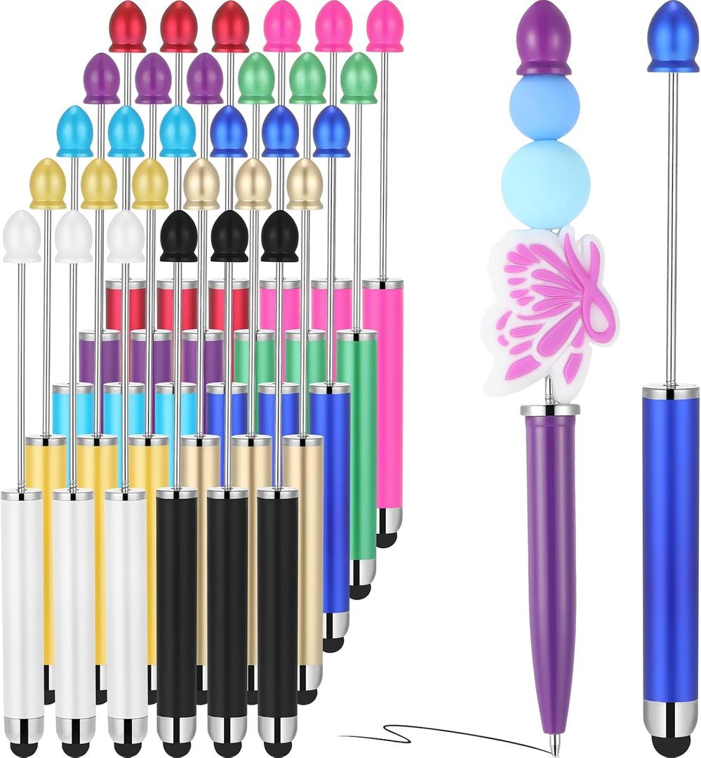 Qilery 30 Pcs Beaded Pens with Stylus Tips Plastic Beaded DIY Stylus 2-in-1 for Rubber Touch Screen Handwriting Ballpoint Pen 1.0mm, Black Ink, Office Supplies(Colorful)